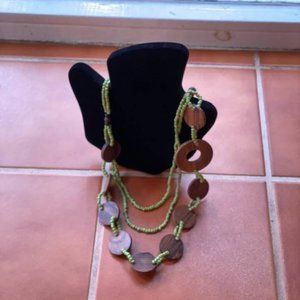2 Strand Green Seed Bead & Wood Dowel Necklace